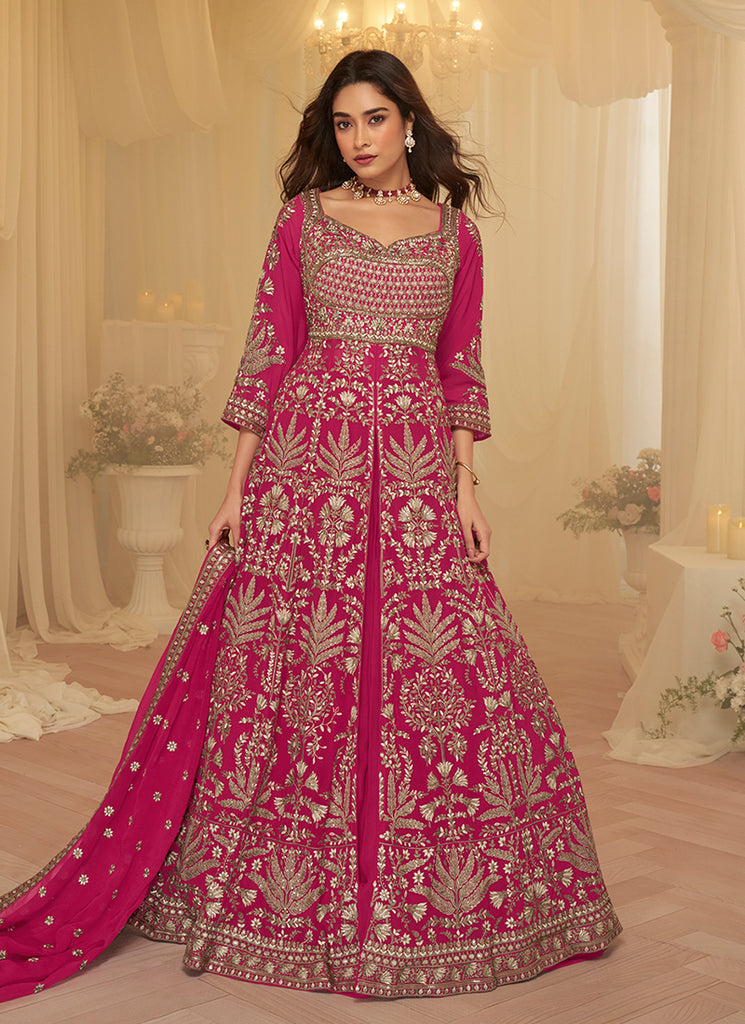 Magenta Embroidered Slit Style Anarkali Lehenga