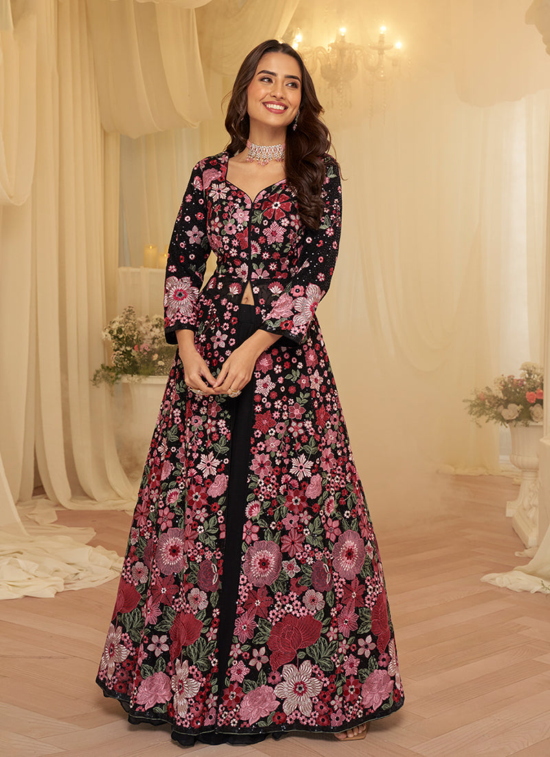 Black Floral Embroidered Slit Style Anarkali Lehenga