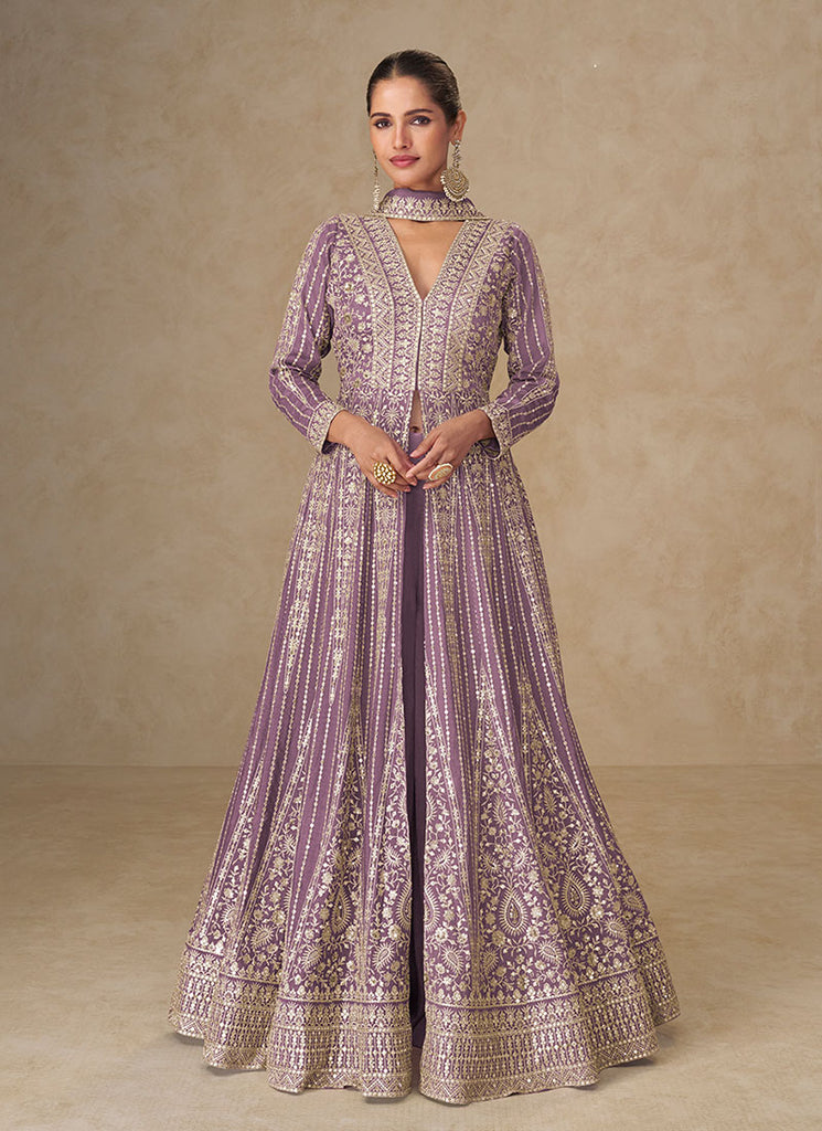 Lavender Embroidered Slit Style Anarkali Lehenga Suit