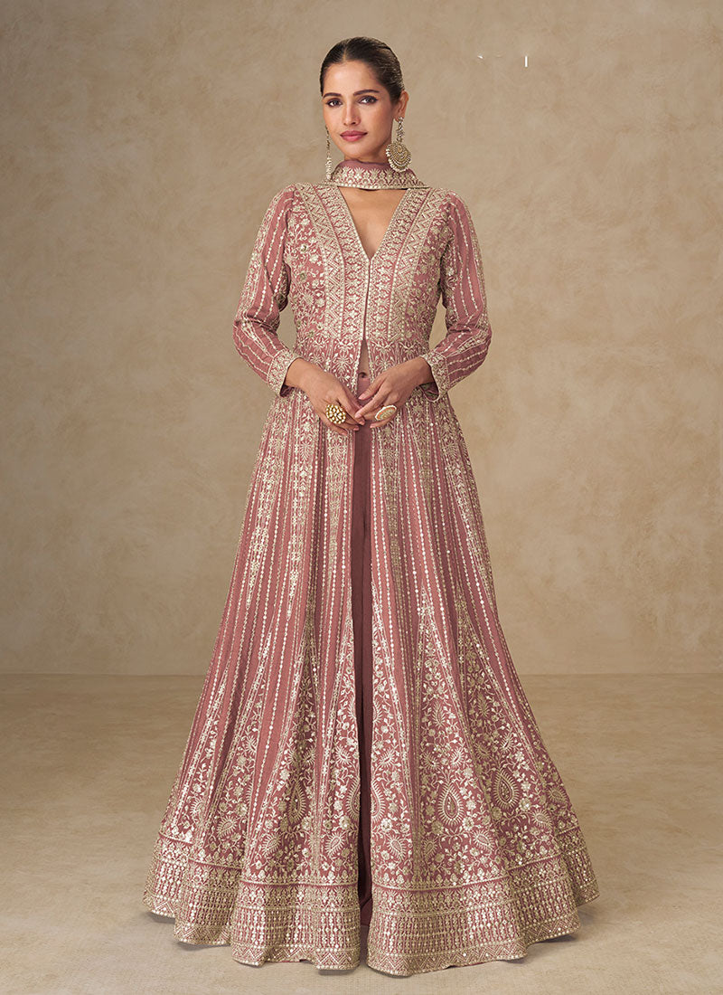 Rose Pink Embroidered Slit Style Anarkali Lehenga Suit