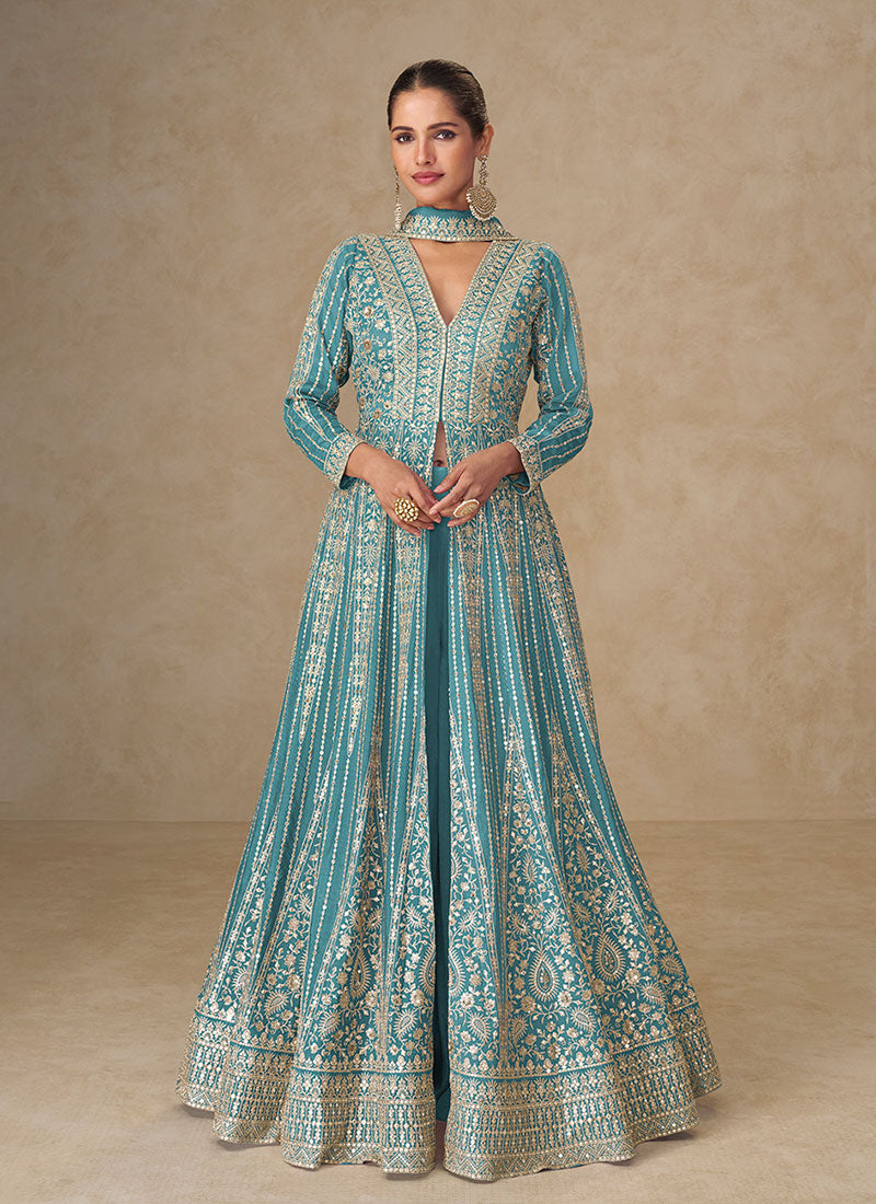 Turquoise Blue Embroidered Slit Style Anarkali Lehenga Suit