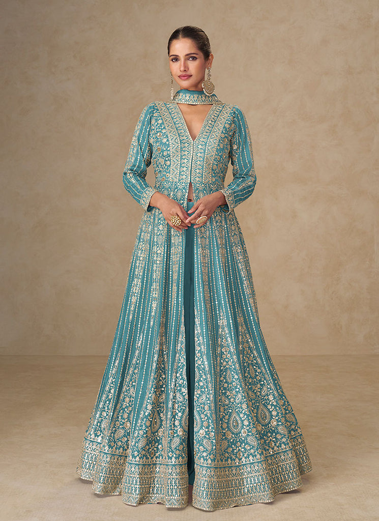 Turquoise Blue Embroidered Slit Style Anarkali Lehenga Suit
