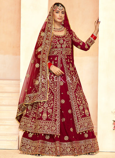 Bridal Red Embroidery Slit Style Anarkali Lehenga