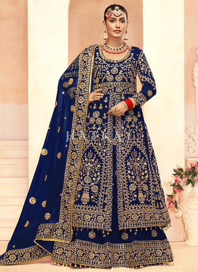 Royal Blue Embroidery Slit Style Anarkali Lehenga