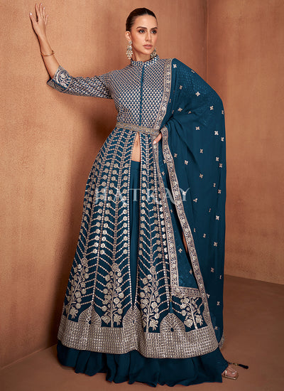 Royal Blue Slit-Style Anarkali Lehenga