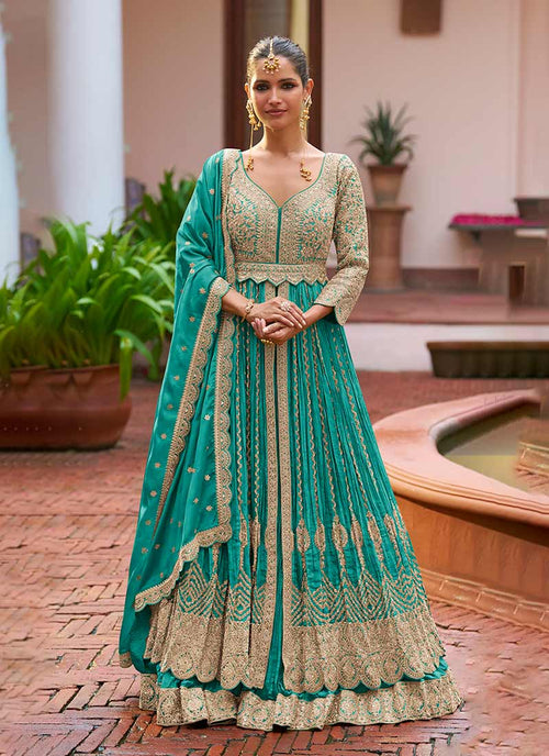 Turquoise Handwork Embroidery Slit Style Anarkali Lehenga