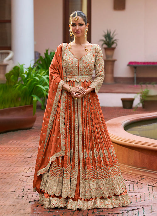Orange Handwork Embroidery Slit Style Anarkali Lehenga