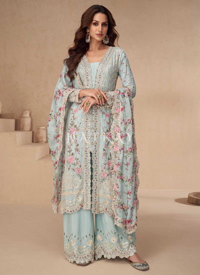 Light Blue Floral Slit Style Palazzo Suit