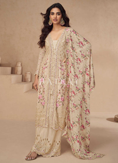 Cream Floral Slit Style Palazzo Suit