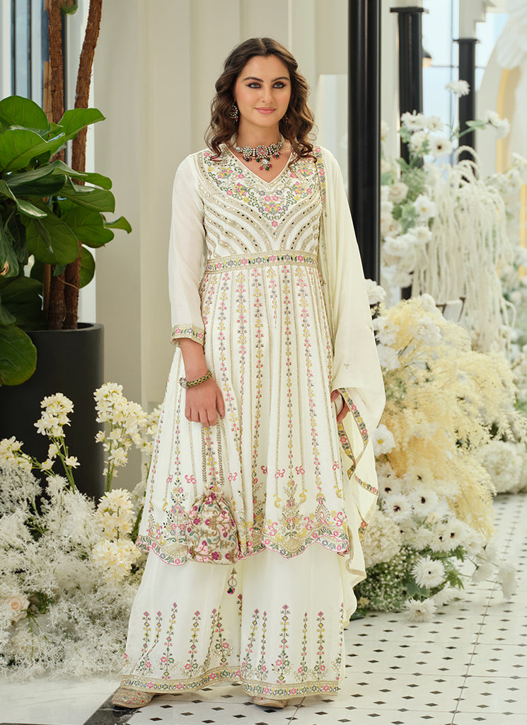 White Multi Embroidery Anarkali Palazzo Suit