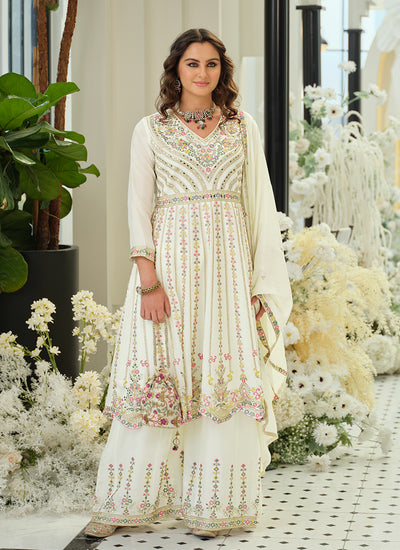 White Multi Embroidery Anarkali Palazzo Suit