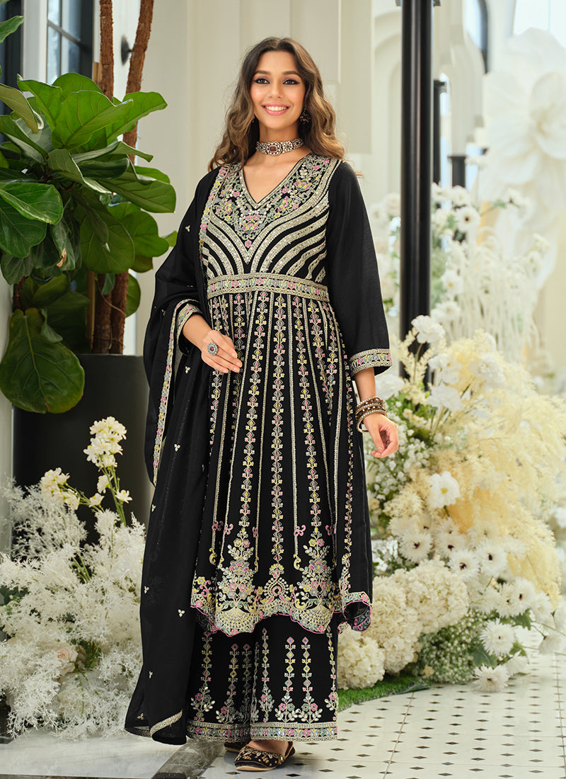Black Multi Embroidery Anarkali Palazzo Suit