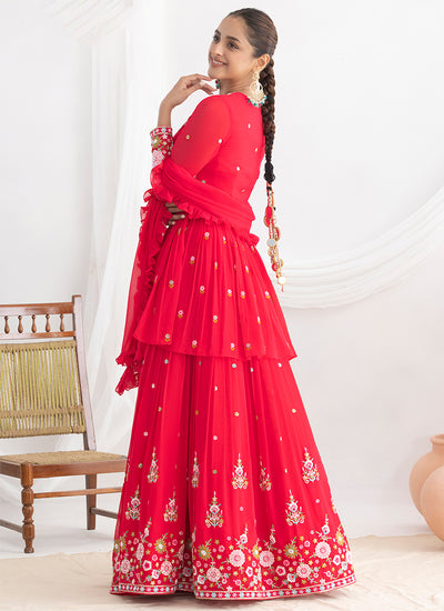 Red Multi Embroidery Anarkali Lehenga Suit