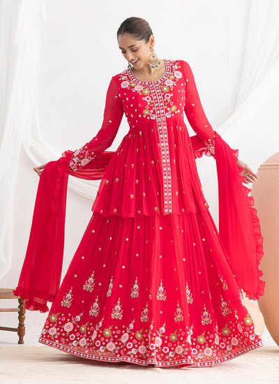 Red Multi Embroidery Anarkali Lehenga Suit