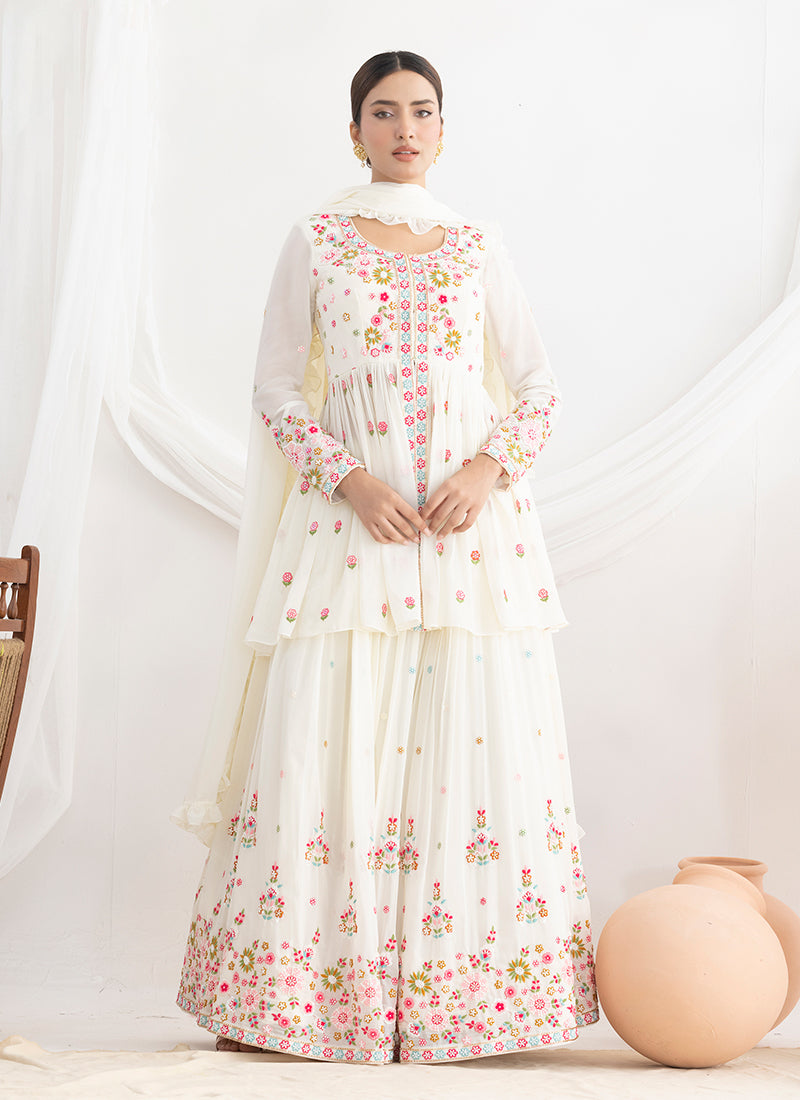 Off White Multi Embroidery Anarkali Lehenga Suit