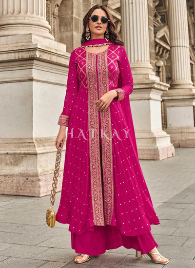 Rani Pink Embroidered Slit Style Palazzo Suit