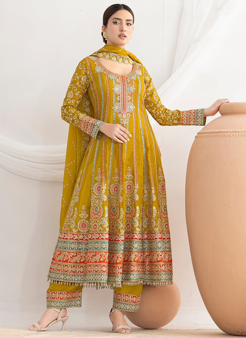 Yellow Multi Embroidery Anarkali Pant Suit