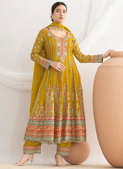 Yellow Multi Embroidery Anarkali Pant Suit