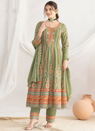 Green Multi Embroidery Anarkali Pant Suit