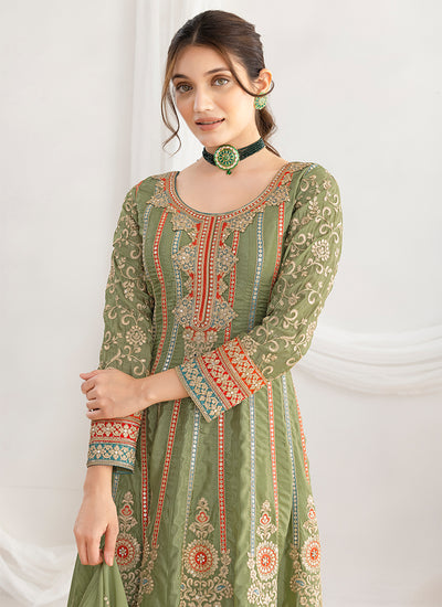 Green Multi Embroidery Anarkali Pant Suit