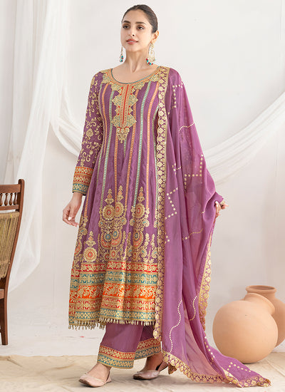 Purple Multi Embroidery Anarkali Pant Suit