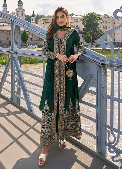 Dark Green Embroidery Slit-Style Anarkali Pant Suit