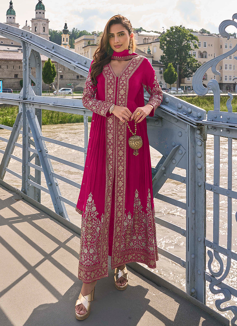 Magenta Pink Embroidery Slit-Style Anarkali Pant Suit