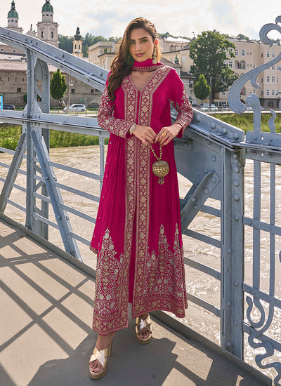 Magenta Pink Embroidery Slit-Style Anarkali Pant Suit