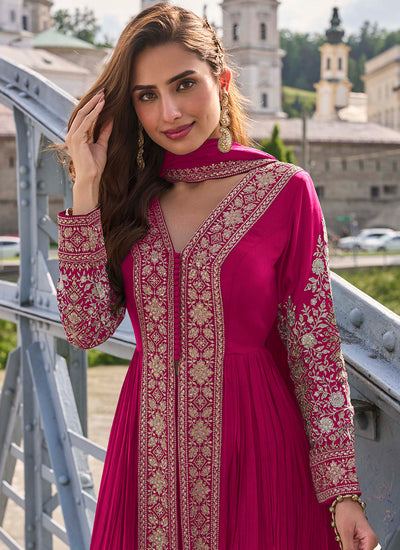 Magenta Pink Embroidery Slit-Style Anarkali Pant Suit