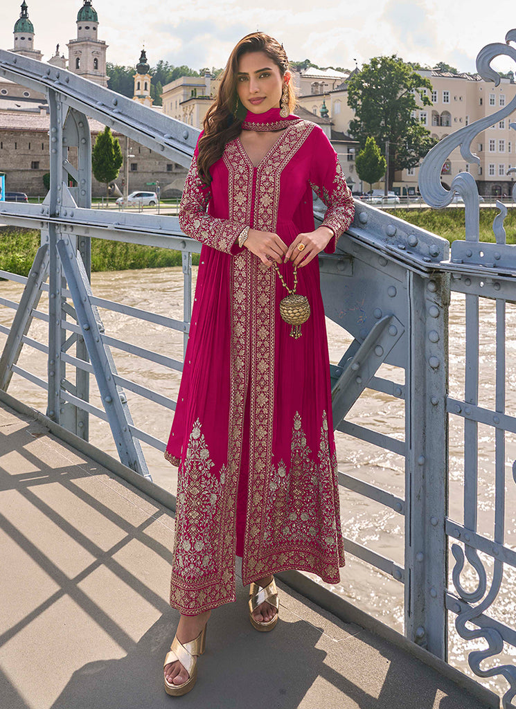 Magenta Pink Embroidery Slit-Style Anarkali Pant Suit