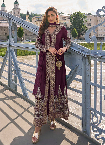 Deep Wine Embroidery Slit-Style Anarkali Pant Suit