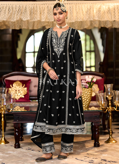 Black Designer Embroidery Anarkali Pant Suit