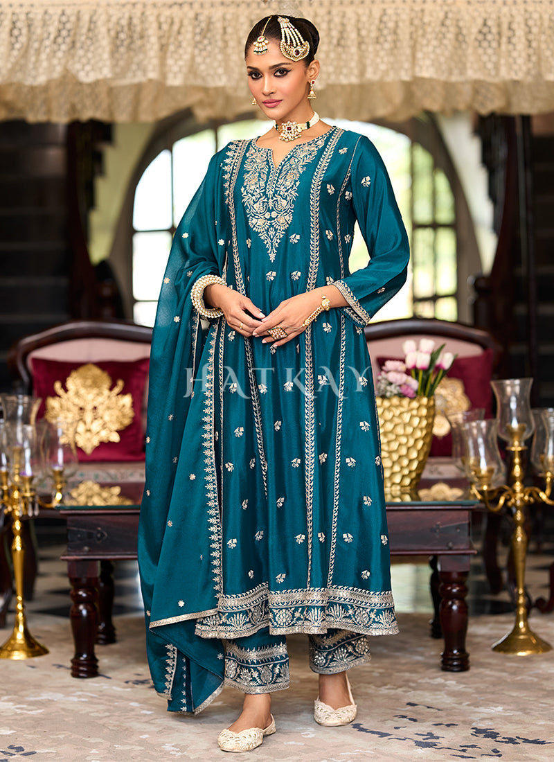 Teal Blue Designer Embroidery Anarkali Pant Suit