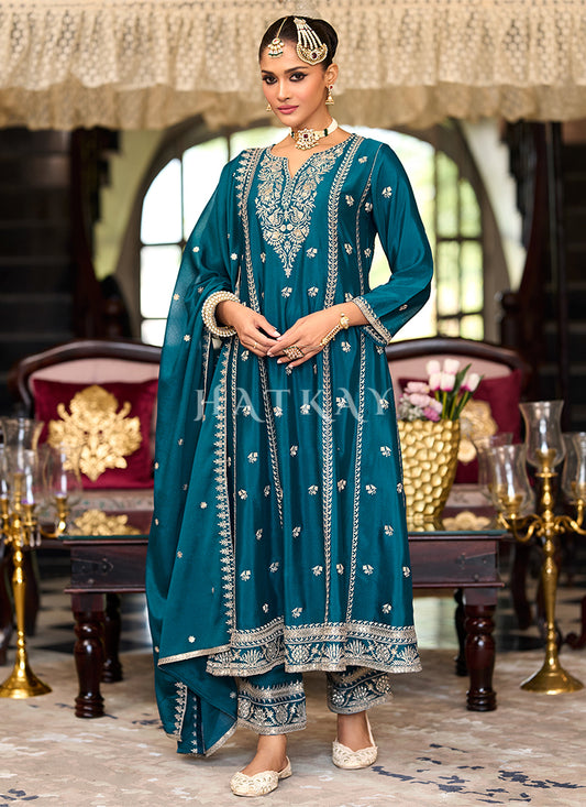 Teal Blue Designer Embroidery Anarkali Pant Suit