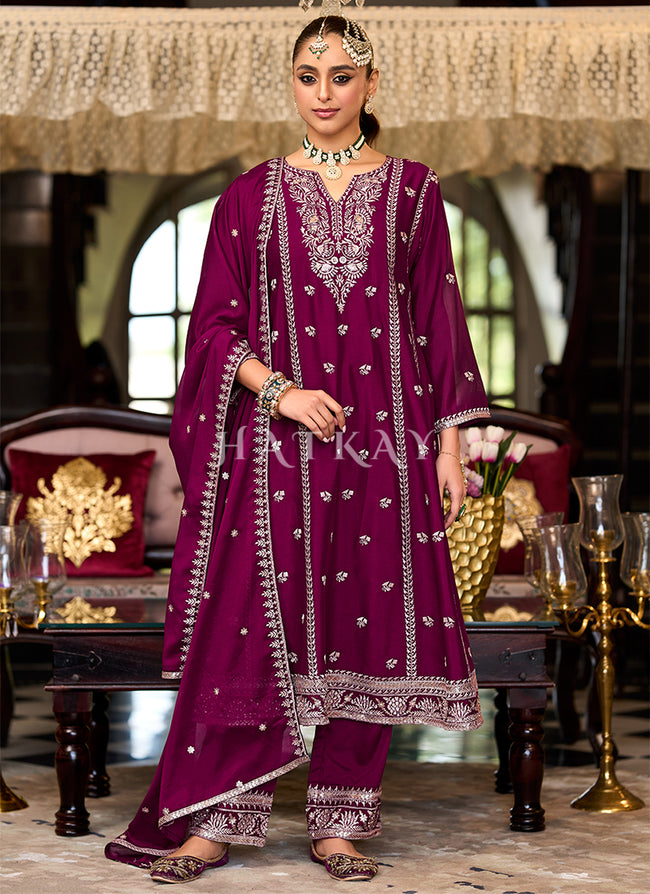 Rich Pink Designer Embroidery Anarkali Pant Suit