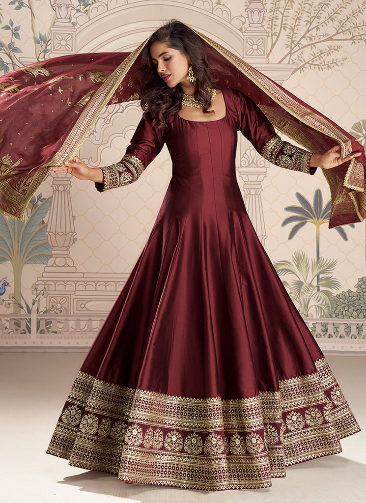 Maroon Embroidery Festive Anarkali Suit
