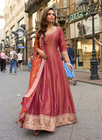Red And Orange Traditional Embroidery Anarkali Suit