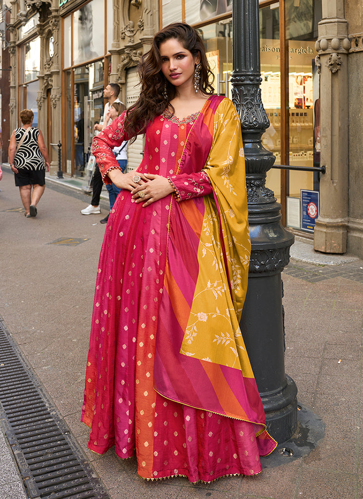 Magenta And Yellow Traditional Embroidery Anarkali Suit