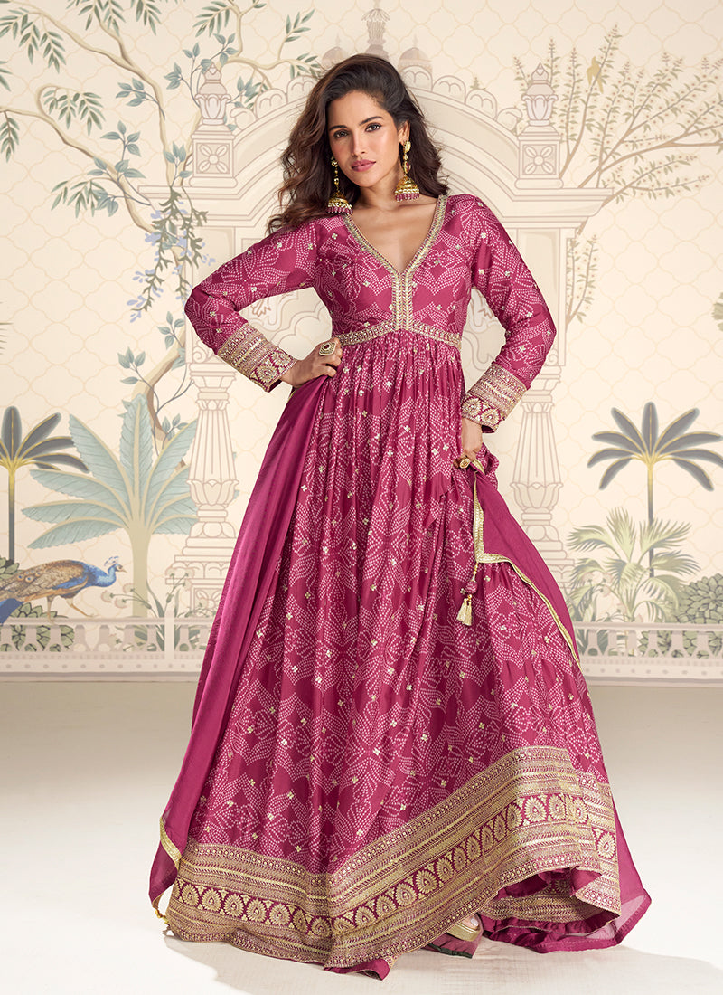 Pink Reshamkari Embroidered Printed Anarkali Suit
