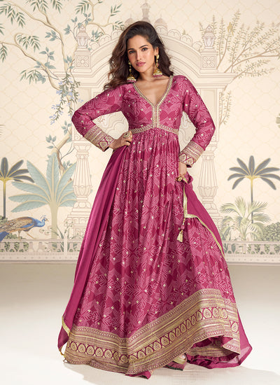 Pink Reshamkari Embroidered Printed Anarkali Suit