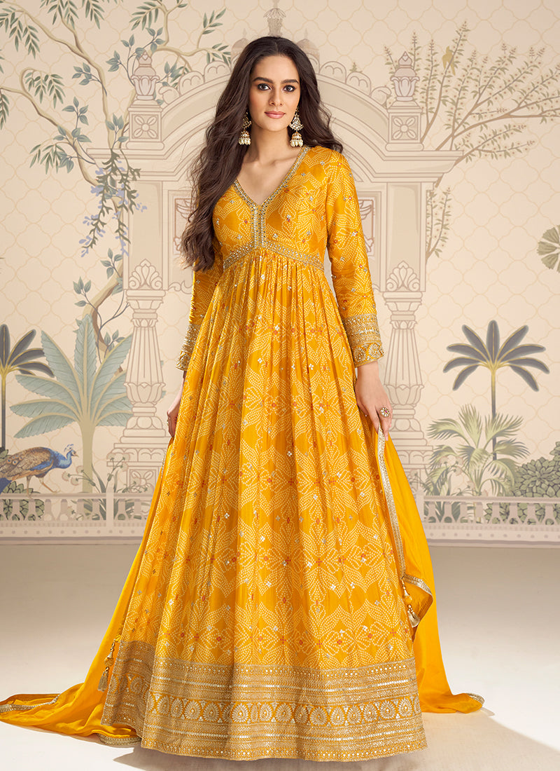 Yellow Reshamkari Embroidered Printed Anarkali Suit
