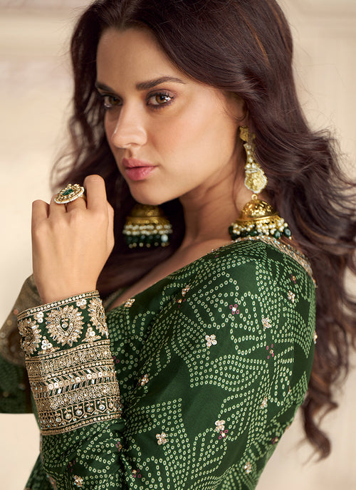 Dark Green Reshamkari Embroidered Printed Anarkali Suit