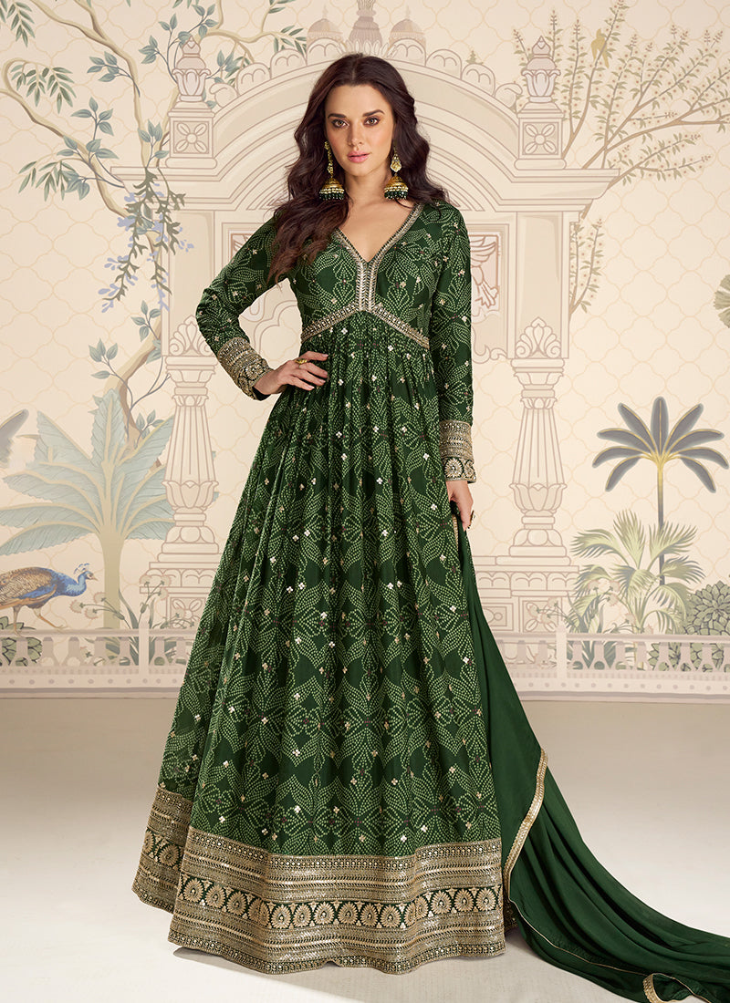 Dark Green Reshamkari Embroidered Printed Anarkali Suit