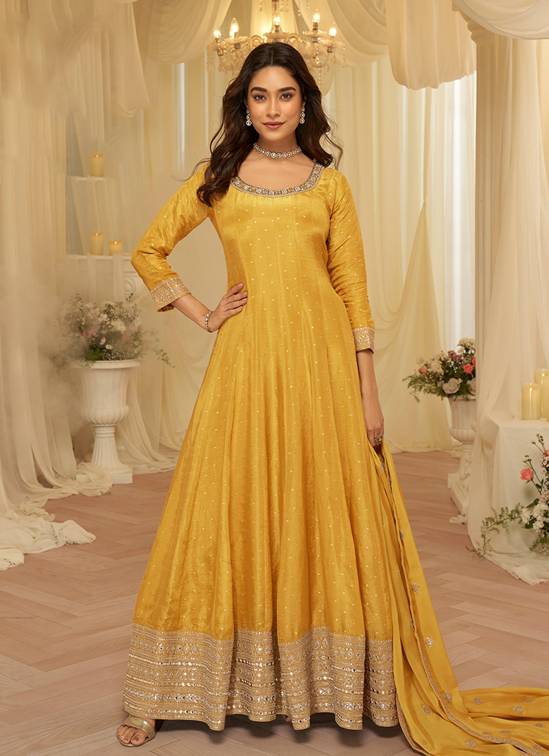 Yellow Traditional Embroidery Anarkali Suit