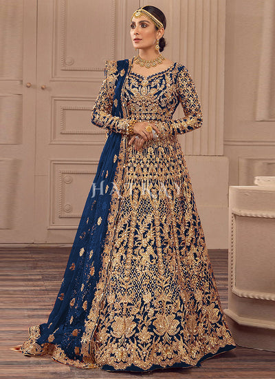 Royal Blue Traditional Embroidery Wedding Anarkali Suit