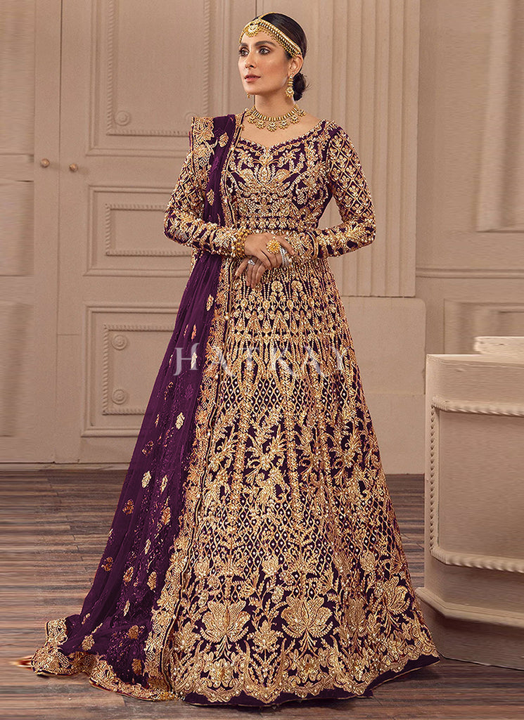 Purple Traditional Embroidery Wedding Anarkali Suit