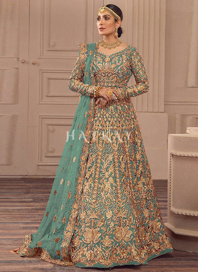 Sea Green Traditional Embroidery Wedding Anarkali Suit
