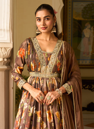 Brown Embroidered Floral Anarkali Dress