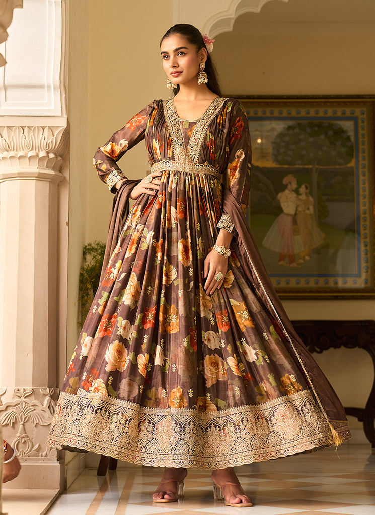 Brown Embroidered Floral Anarkali Dress