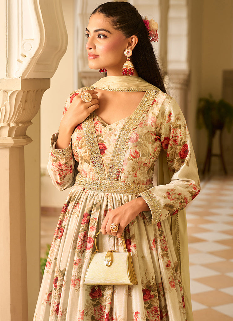gold anarkali dress uk Light Yellow Chinon Silk Zari Embroidered Sequins Anarkali Gown With Jacket Festive Wear